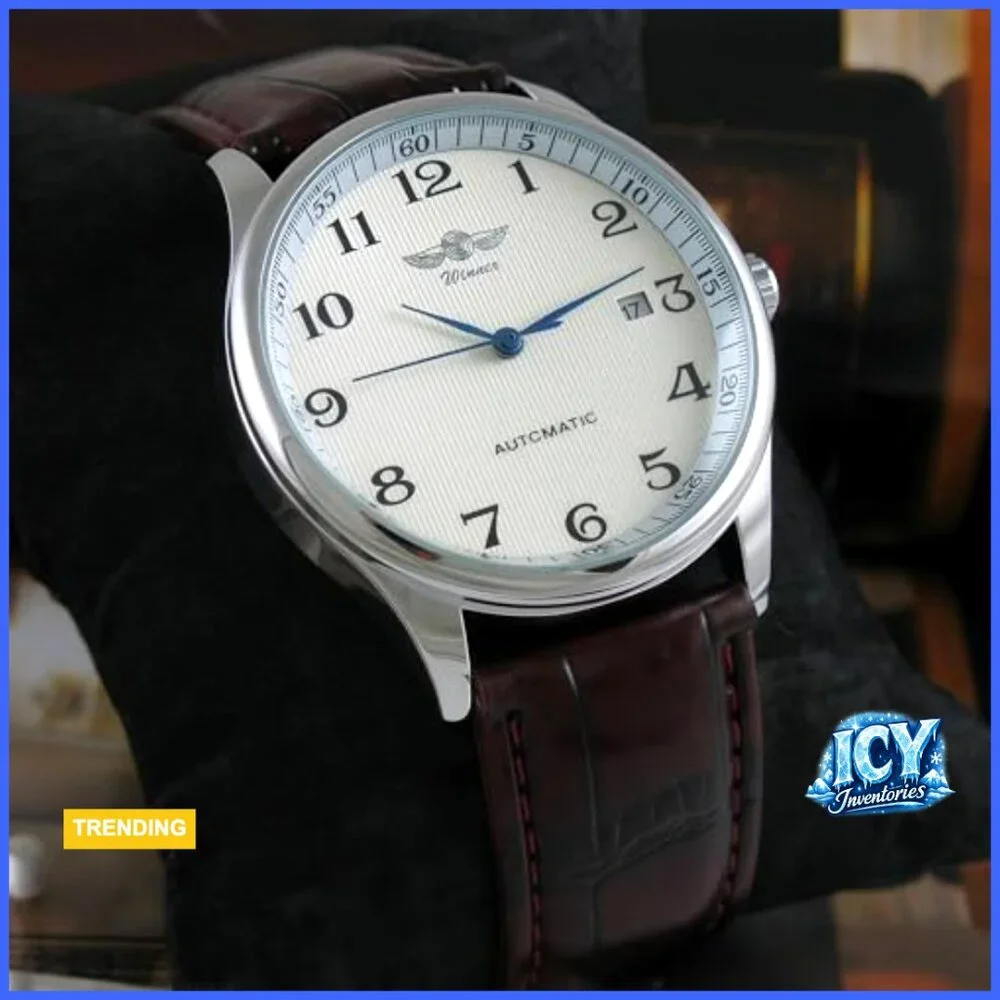 Automatic Mechanical Leather Band Watch with Day Calendar